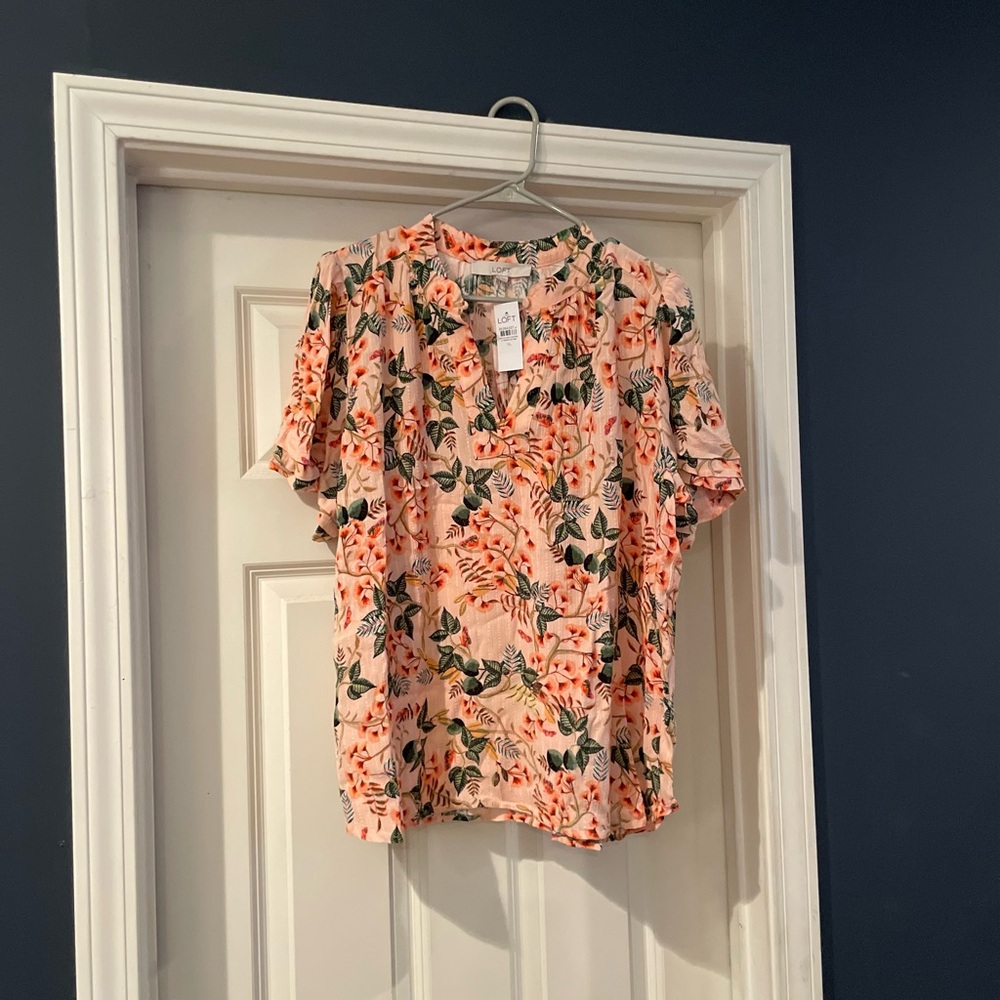 LOFT Orange and Green Blouse with Mandarin Collar